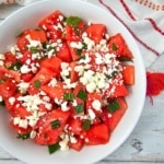 Watermelon Feta Salad in a white bowl overhead view