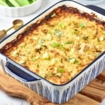 Easy Buffalo Turkey Dip with celery in a blue and white casserole dish