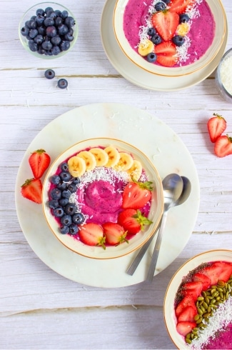 overhead view of 3 High Protein Berry Smoothie Bowl