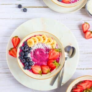 overhead view of 3 High Protein Berry Smoothie Bowl