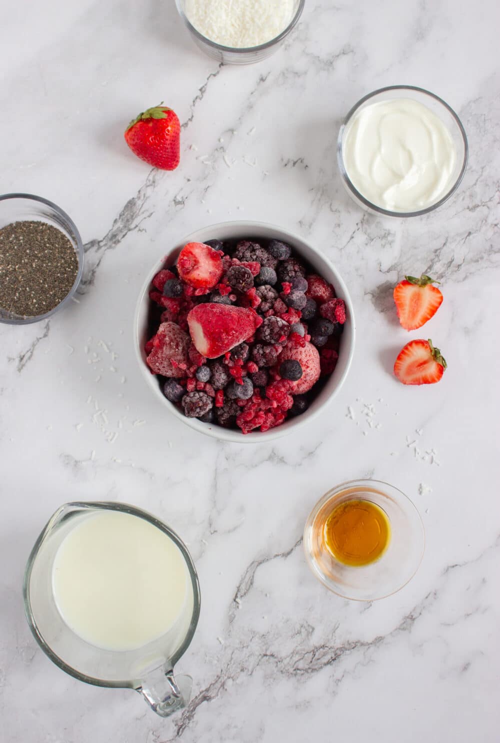 ingredients for High Protein Berry Smoothie Bowl