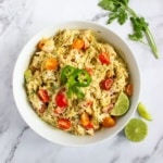 High Protein Chicken Salad with lime slices in a white bowl overhead view
