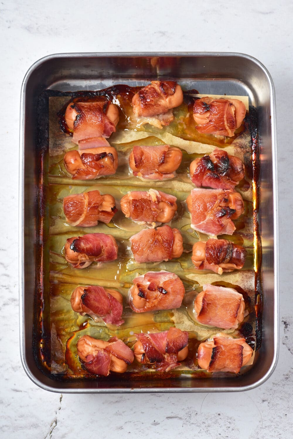 pigs in a blanket fresh from oven, overhead view