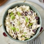 overhead view of cranberry chicken salad in a green bowl with scattered cranberries
