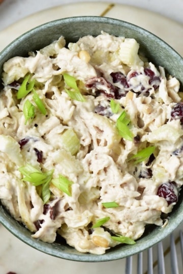 overhead view of cranberry chicken salad in a green bowl with scattered cranberries