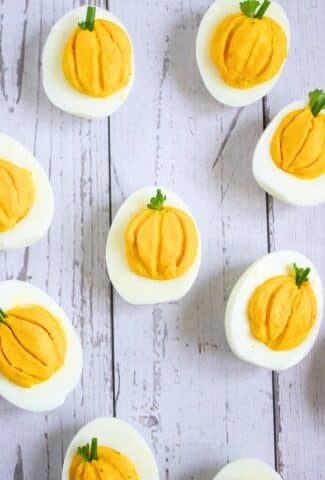 overhead view of Low Carb Pumpkin Deviled Eggs