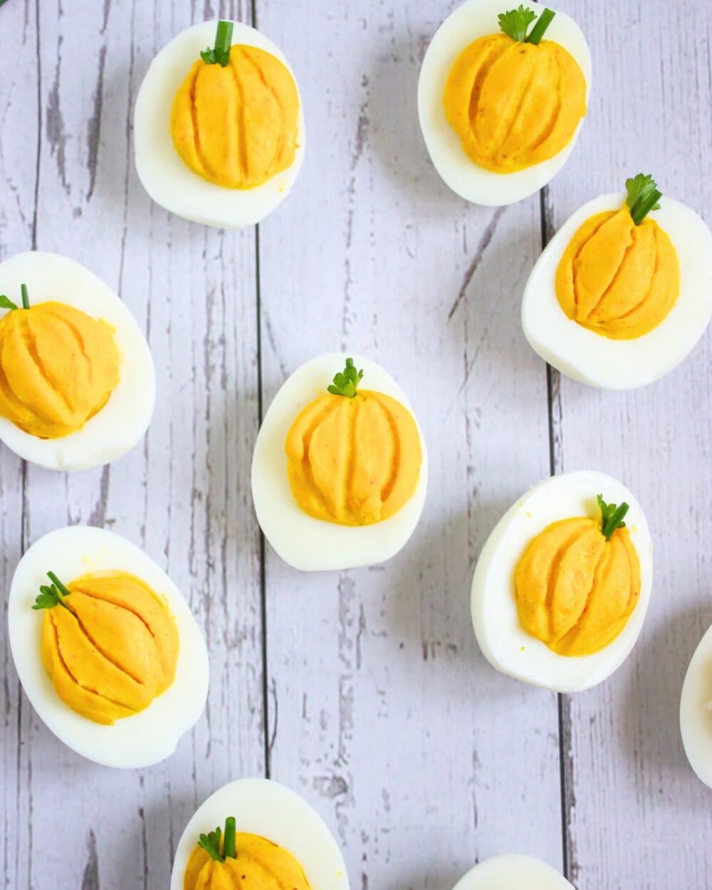 overhead view of Low Carb Pumpkin Deviled Eggs