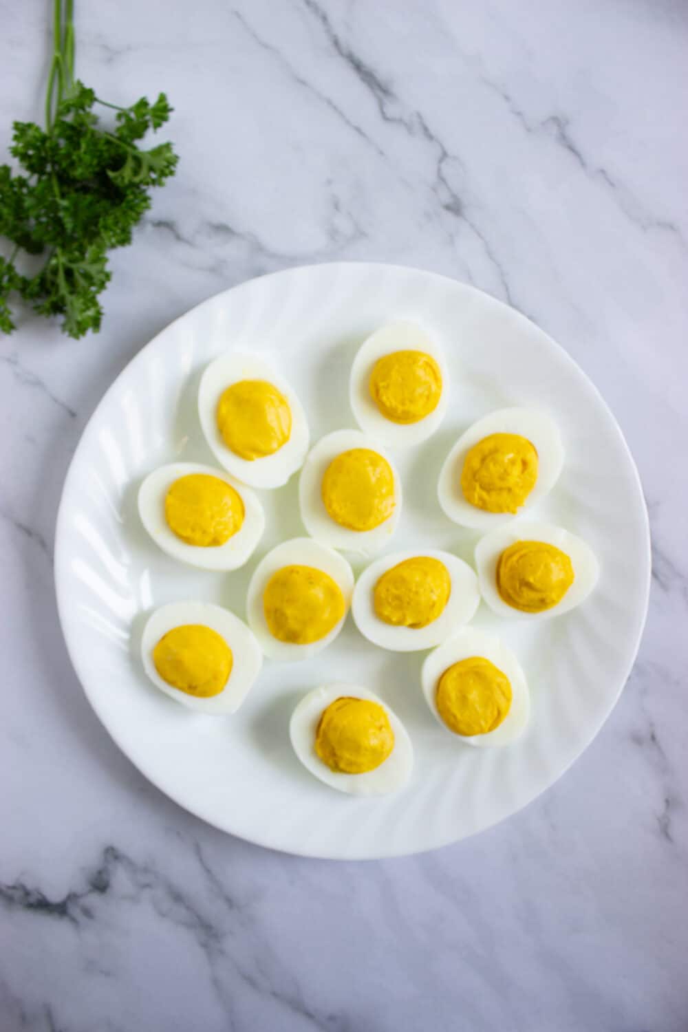 overhead view deviled egg ready for decorating