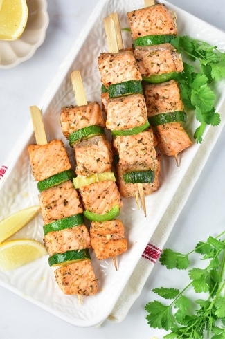 overhead view of Air Fryer Salmon Skewers