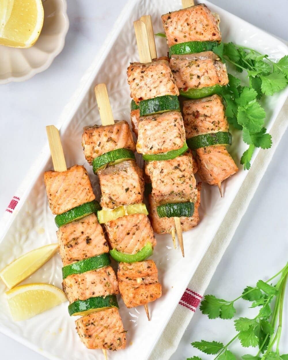 overhead view of Air Fryer Salmon Skewers