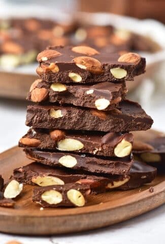 stacked and close up view of chocolate almond bark