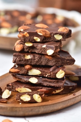 stacked and close up view of chocolate almond bark