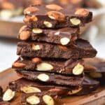 stacked and close up view of chocolate almond bark