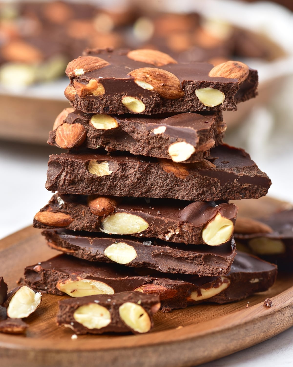 stacked and close up view of chocolate almond bark