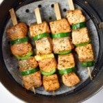 overhead view of Air Fryer Salmon Skewers in an air fryer basket