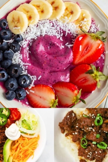 Collage of three high protein power bowls: a berry smoothie bowl with banana and blueberries, a low carb taco bowl with ground beef and toppings, and a Korean beef bowl over cauliflower rice