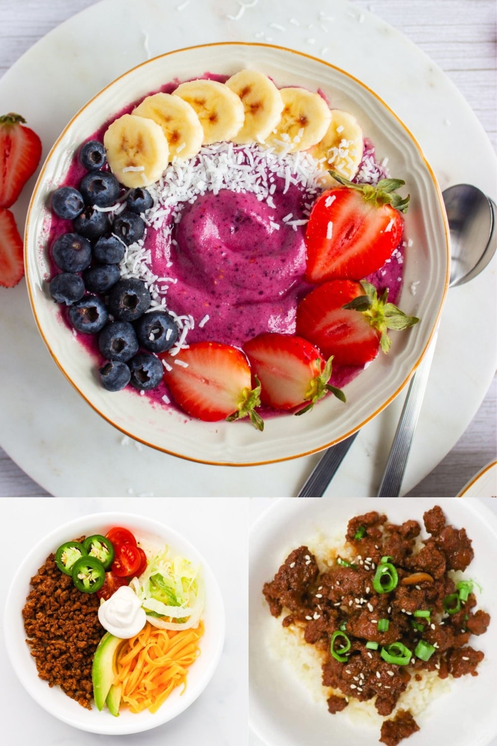 Three high protein power bowl recipes including a berry smoothie bowl topped with fresh fruit, a low carb taco bowl with seasoned ground beef, and a Korean beef bowl with green onions