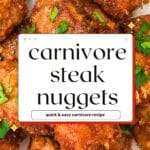 Close-up of fried steak nuggets with a text overlay that says “Carnivore Steak Nuggets – Quick & Easy Carnivore Recipe.”