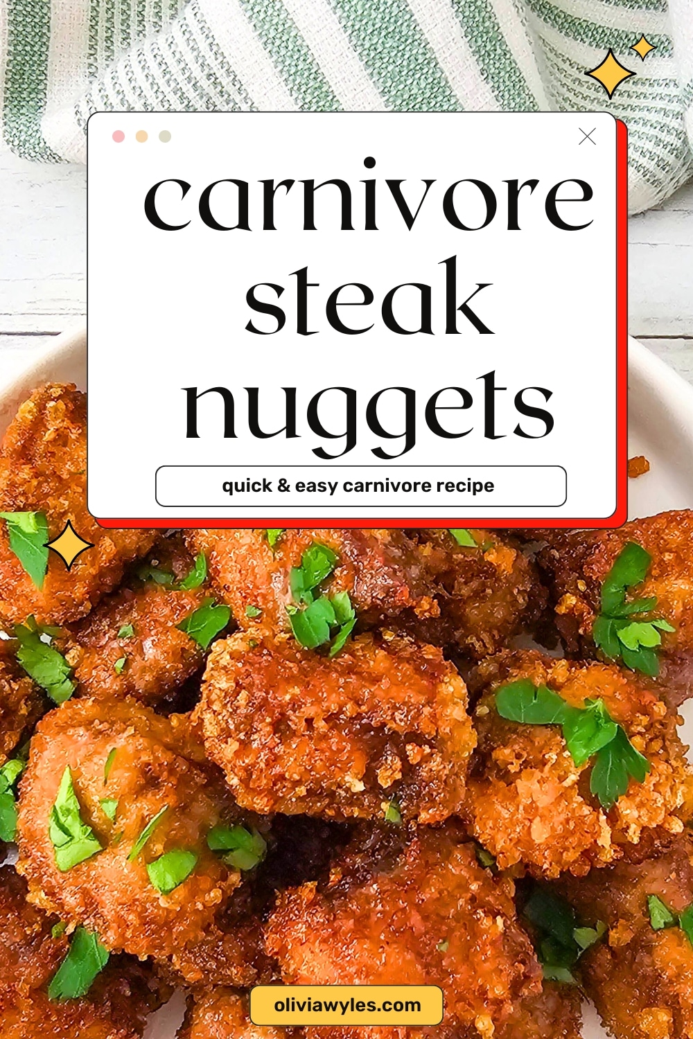 Plate of steak nuggets with parsley and a text overlay reading &ldquo;Carnivore Steak Nuggets &ndash; Quick & Easy Carnivore Recipe.&rdquo;