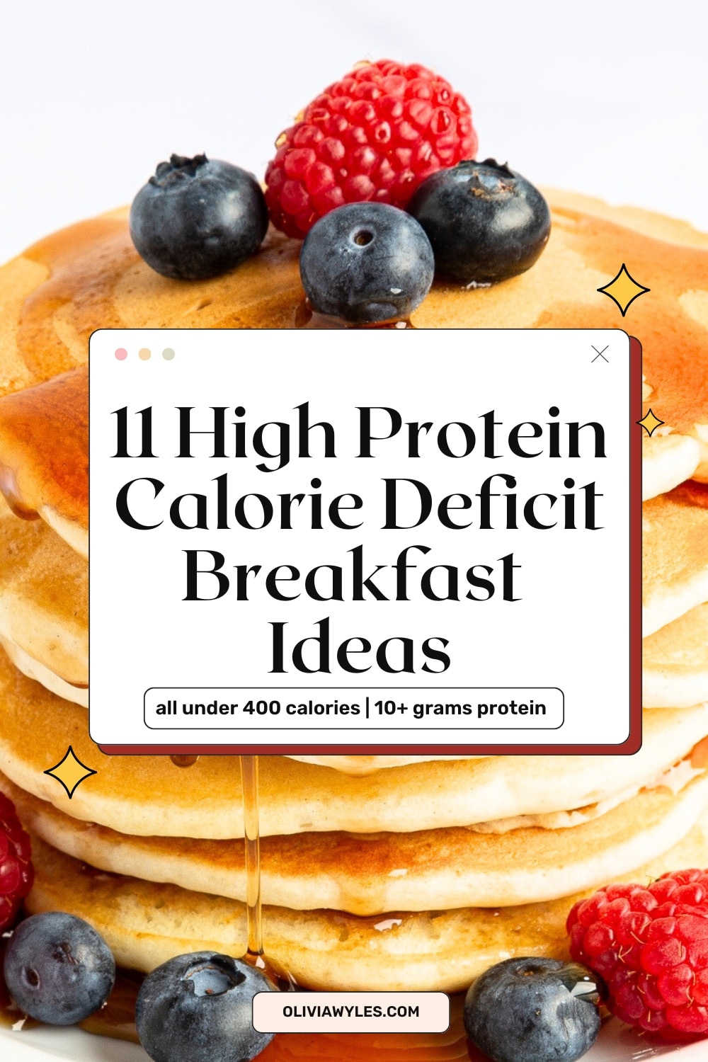 Close-up of stacked cottage cheese protein pancakes with maple syrup and fresh berries. Text overlay highlights 11 high protein breakfast ideas under 400 calories