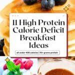Stack of golden cottage cheese protein pancakes topped with berries and maple syrup, with additional shots of raspberry cottage cheese bowl and a protein chai tea latte. Text overlay promoting 11 high protein calorie deficit breakfast ideas
