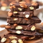 stacked and close up view of chocolate almond bark