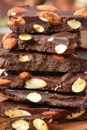 stacked and close up view of chocolate almond bark