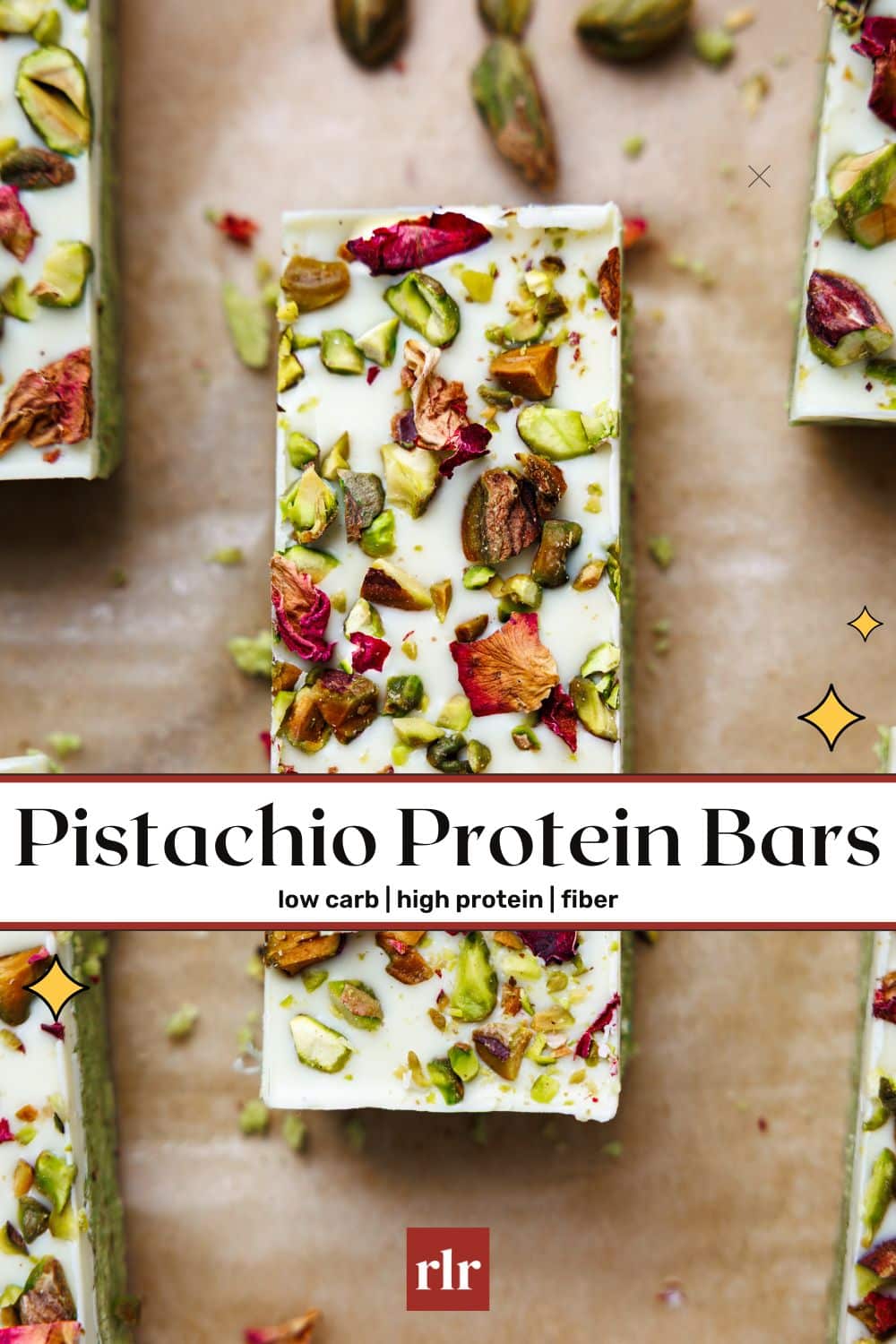 Pinterest-style image showing pistachio protein bars with text overlay reading 'Pistachio Protein Bars - low carb | high protein | fiber