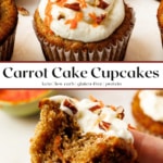 keto carrot cake cupcakes with a close-up of frosted cupcakes and a bite shot