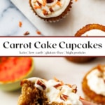 keto carrot cake cupcakes with a overhead of frosted cupcakes and a bite shot