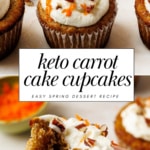 keto carrot cake cupcakes with a overhead of frosted cupcakes and a bite shot
