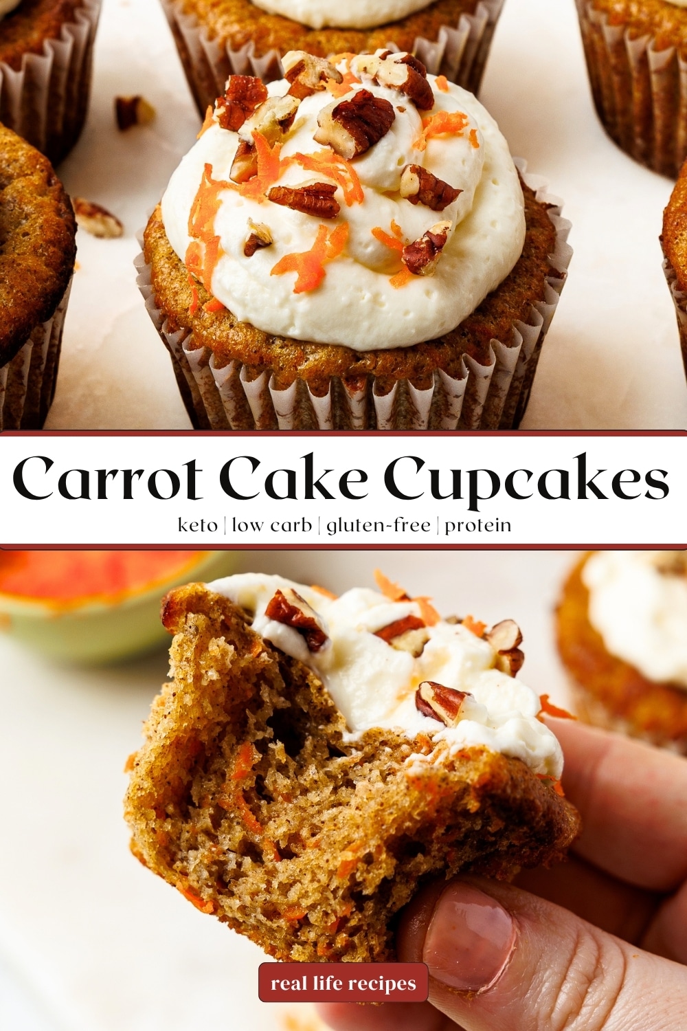 keto carrot cake cupcakes with a close-up of frosted cupcakes and a bite shot
