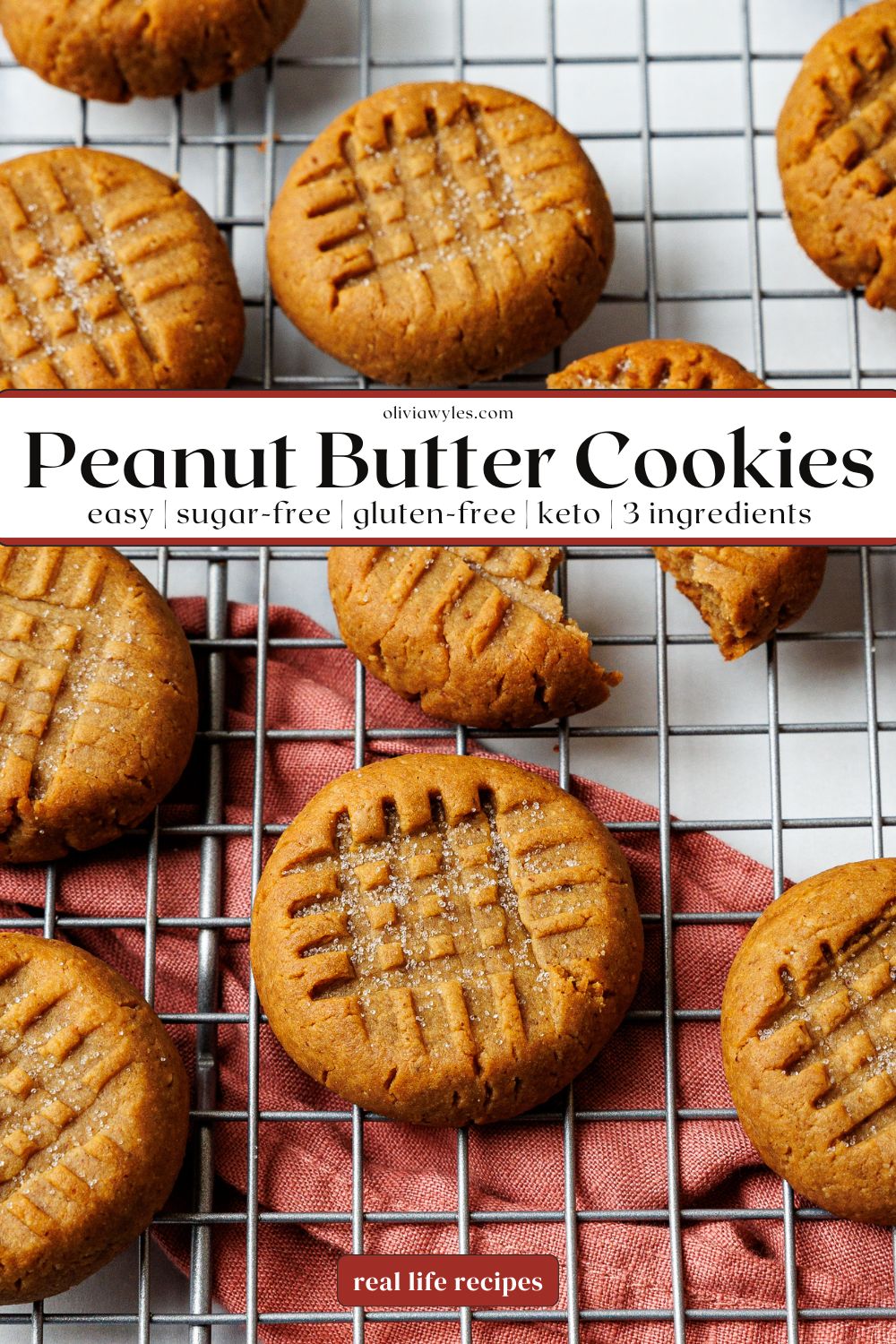 sugar-free peanut butter cookies on a wire rack with text overlay