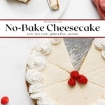 a sliced keto no-bake cheesecake topped with whipped cream rosettes and fresh raspberries