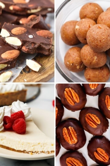 Four no-bake gluten-free desserts: dark chocolate almond bark, energy bite balls, cheesecake with raspberries, and chocolate-covered pecan clusters.