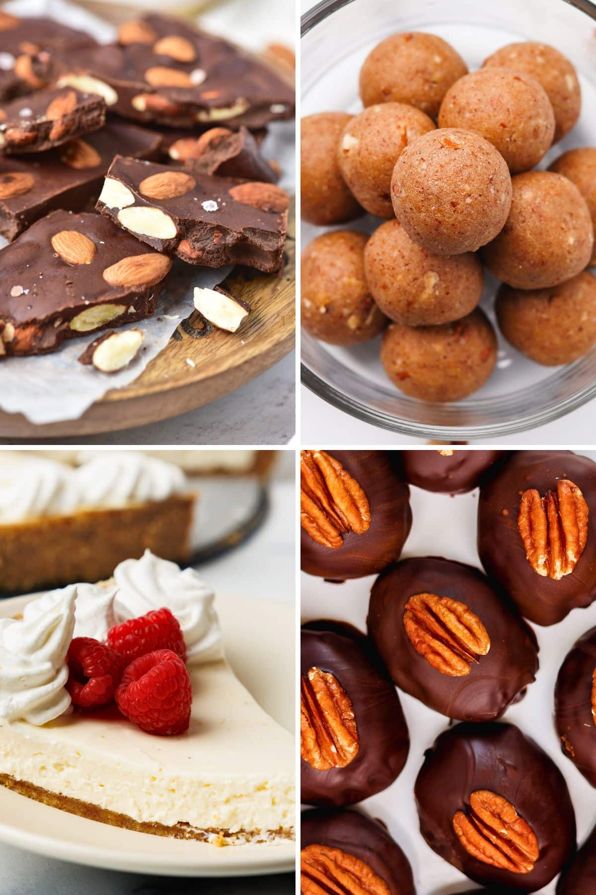 Four no-bake gluten-free desserts: chocolate almond bark, energy bites in a glass bowl, cheesecake slice with whipped cream, and pecan chocolate clusters.