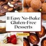 Four no-bake gluten-free desserts: chocolate almond bark, energy bites in a glass bowl, cheesecake slice with whipped cream, and pecan chocolate clusters.