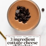 Cottage cheese chocolate pudding topped with dark chocolate chips on a white background.