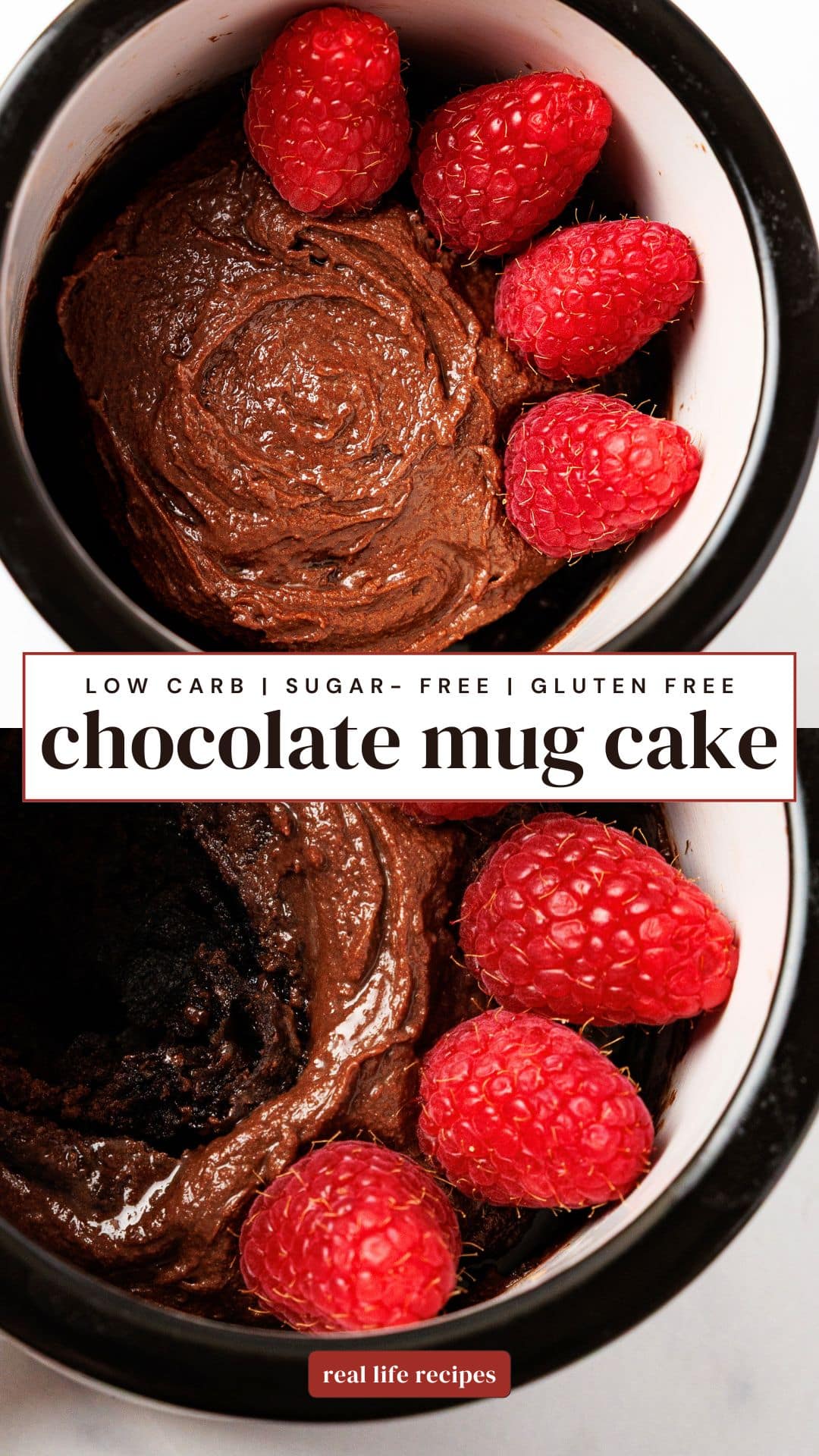 Two close-up views of a fudgy keto chocolate mug cake topped with fresh raspberries in a black and white ceramic mug.