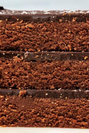 Three chocolate protein bars stacked sideways, showing layers of fudgy texture and chocolate topping.