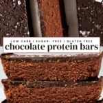 Chocolate protein bars showing four sliced bars stacked with a chocolate coating.