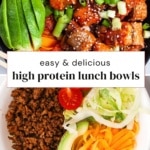 A salmon poke bowl with avocado and sesame seeds stacked above a ground beef taco bowl with shredded carrots.