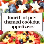 Patriotic caprese salad and fruit salad with star-shaped pineapple in a green bowl for a 4th of July cookout.