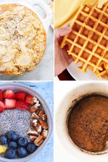 Four fiber breakfast recipes including almond baked oatmeal, a golden waffle, a chia bowl with fresh fruit, and a chocolate mug muffin.