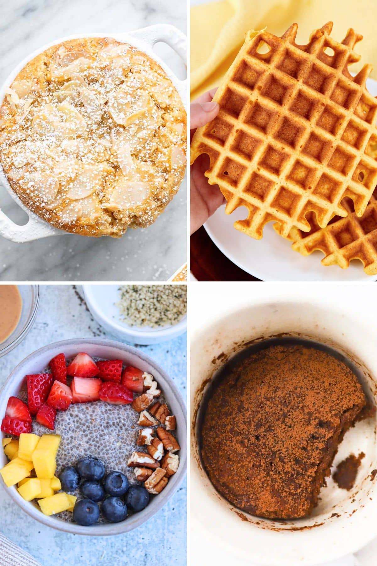 Four fiber breakfast recipes including almond baked oatmeal, a golden waffle, a chia bowl with fresh fruit, and a chocolate mug muffin.