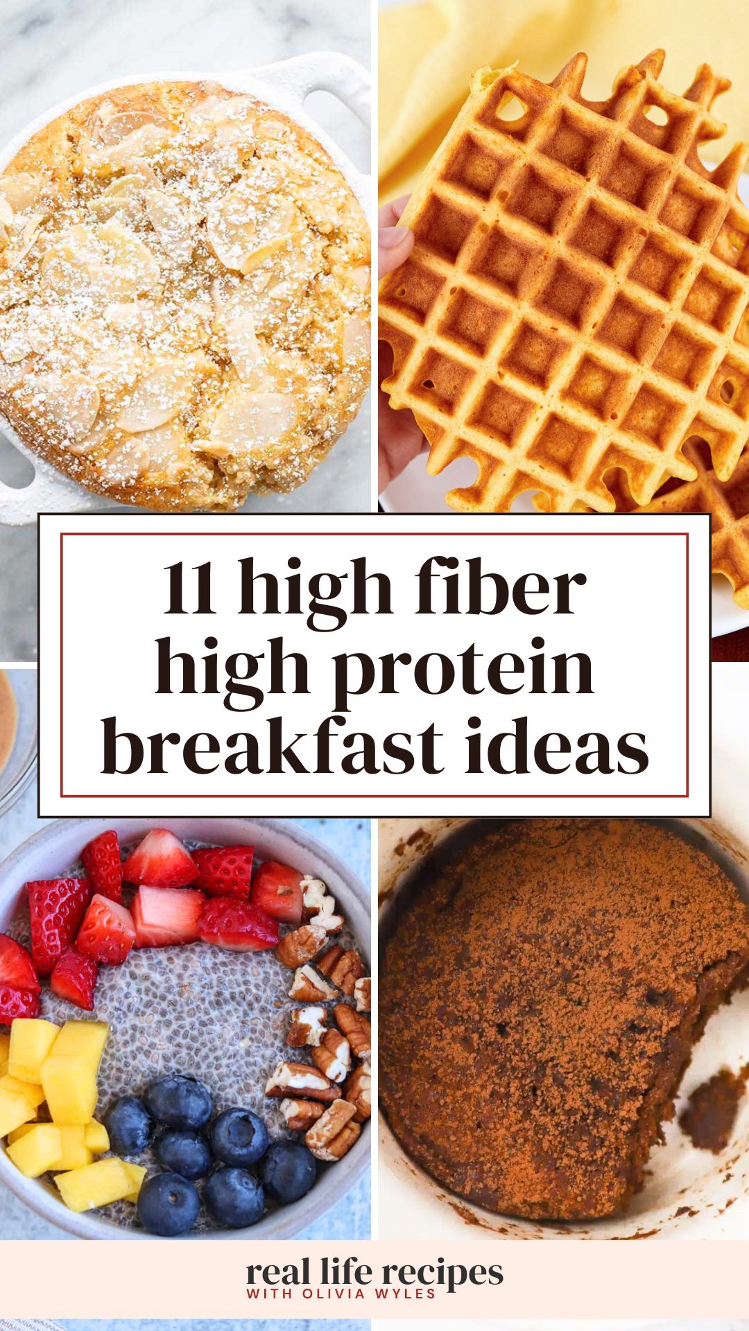 Four high fiber high protein breakfast ideas including baked oatmeal, waffles, a chia fruit bowl, and a flaxseed mug muffin.