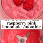 Thick raspberry pink lemonade smoothie in a glass with fresh raspberries and a blender with the blended mixture.