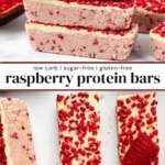 Stacked and sliced white chocolate raspberry protein bars covered in freeze-dried raspberry pieces on a white surface.