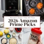 2x2 collage: Ninja Creami, air fryer bites, baking essentials, Keto Chow shaker for pinterest image