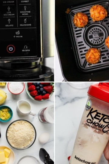 2x2 collage: Ninja Creami, air fryer bites, baking essentials, Keto Chow shaker